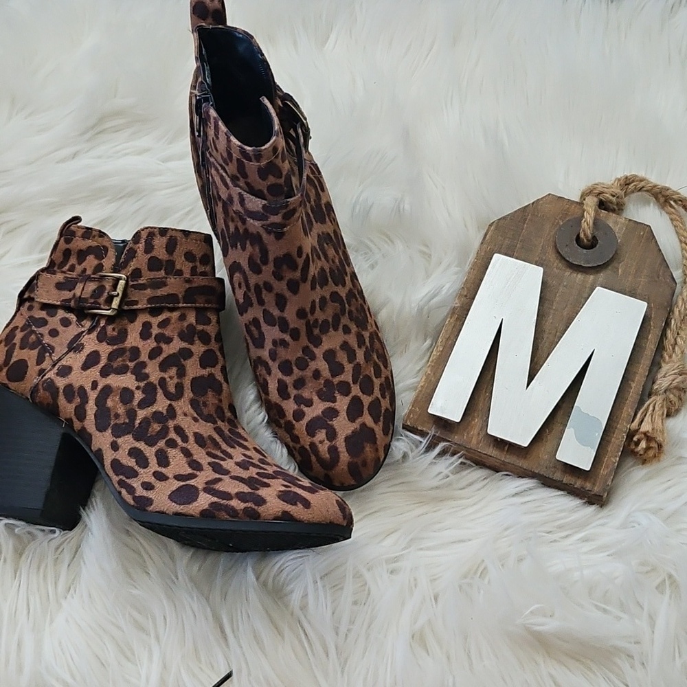 Time and Tru Leopard Print Ankle Boots with Buckle Accent and Side Zip